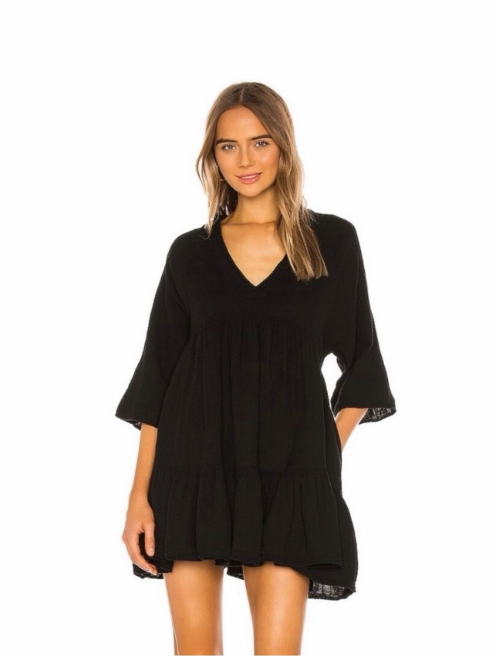 9seed Marbella Ruffle Tier Mini Dress Black Cotton Gauze Small